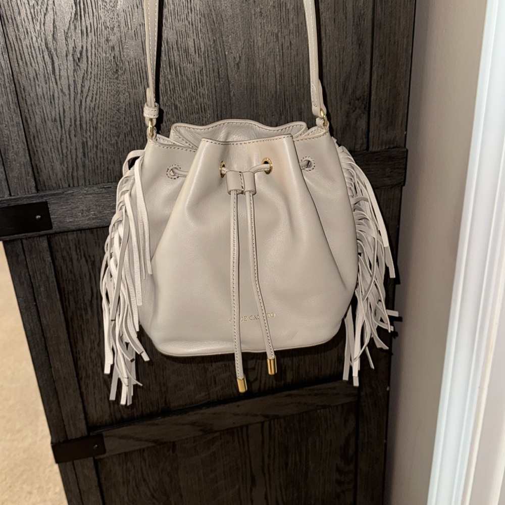 Vince Camuto Shoulder Bag with Drawstring Closure and Fringe Detail w Dustbag - Picture 8 of 10
